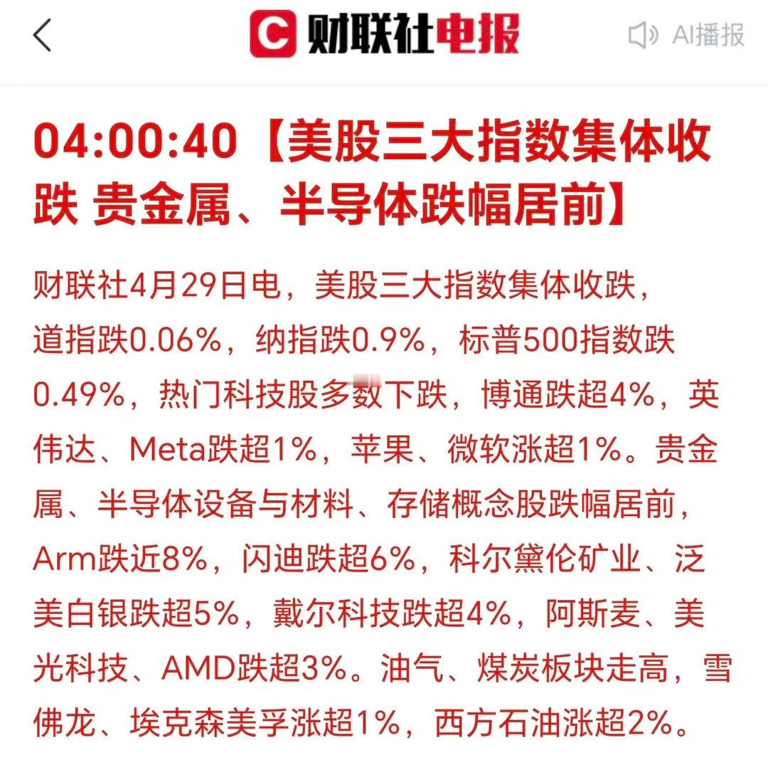 凌晨4点45分，刚刚被手机消息震醒：美国三大股指集体下跌！科技股普遍下跌，有些麻