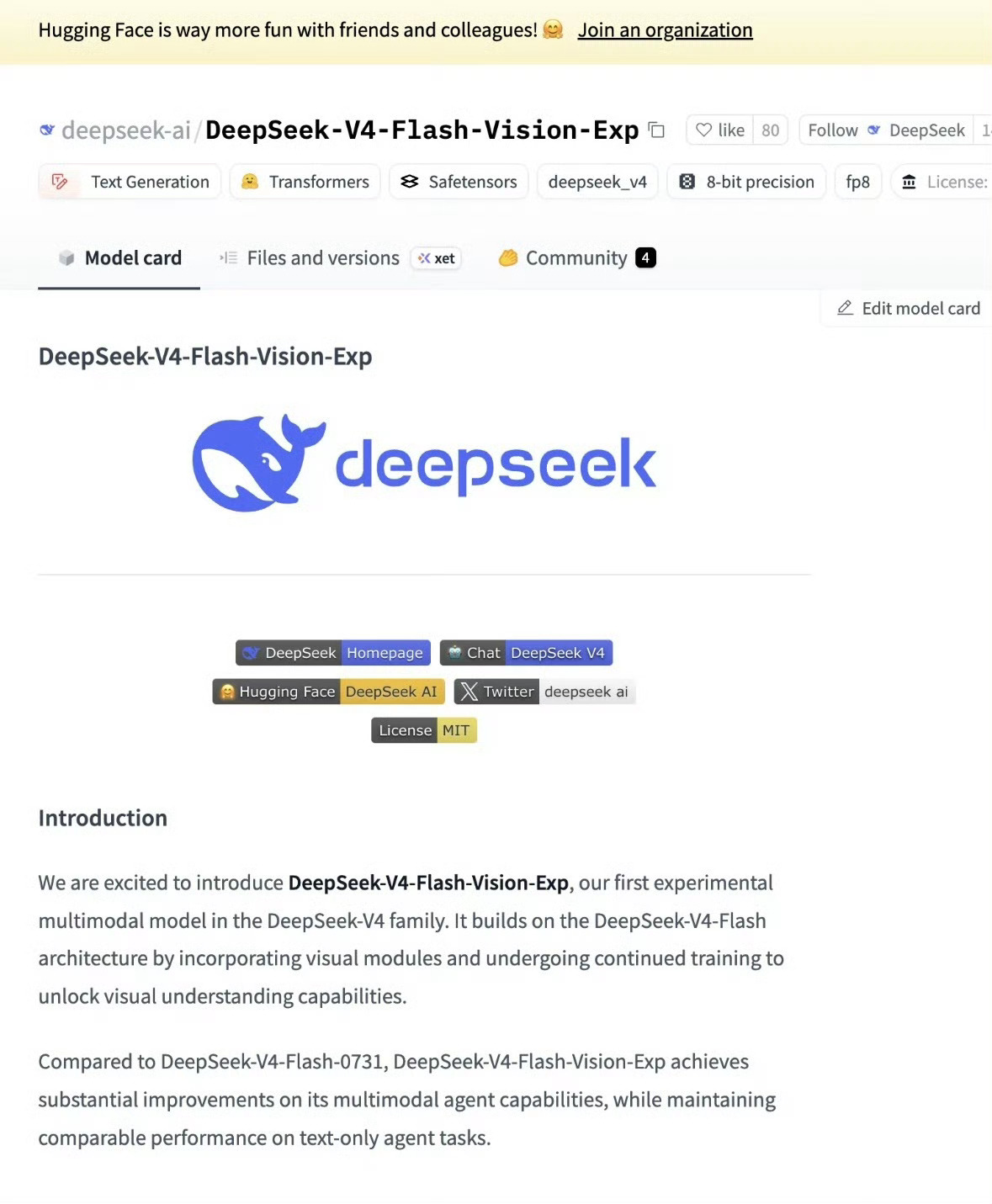 DeepSeekV4多模态模型正式开源DeepSeek 在 Hugging Fa