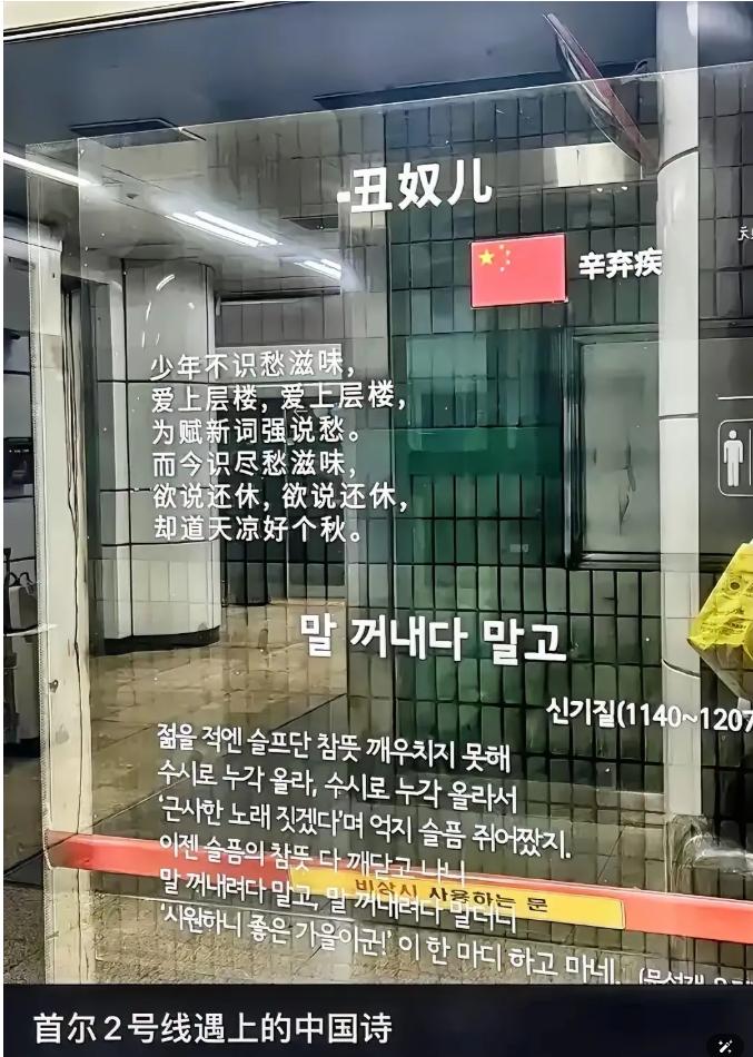 从首尔地铁看传统文化传播的新思路
在韩国首尔地铁站，宋代词人辛弃疾的《丑奴儿》以