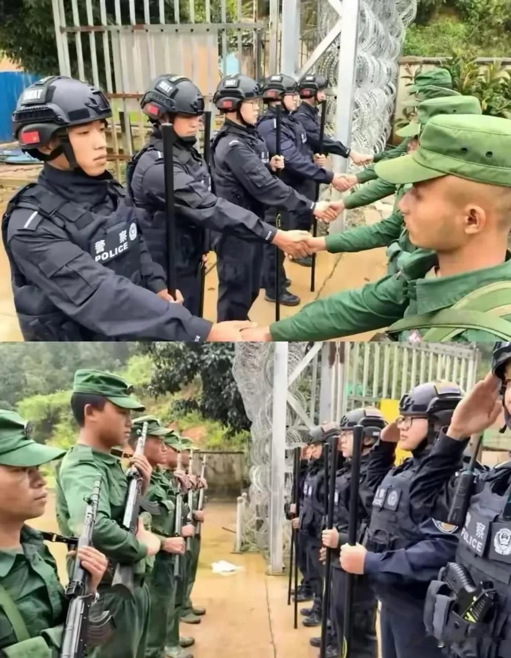 同盟军与我军边界线巡逻，双方相互握手致意！同盟军应该很羡慕我们这身服装和装备吧！