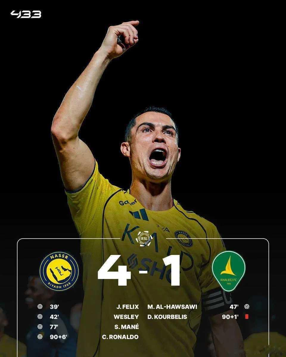 4-1！利雅得胜利开局9战全胜+4分优势领跑，40岁C罗压哨惊天倒钩在北京时间1