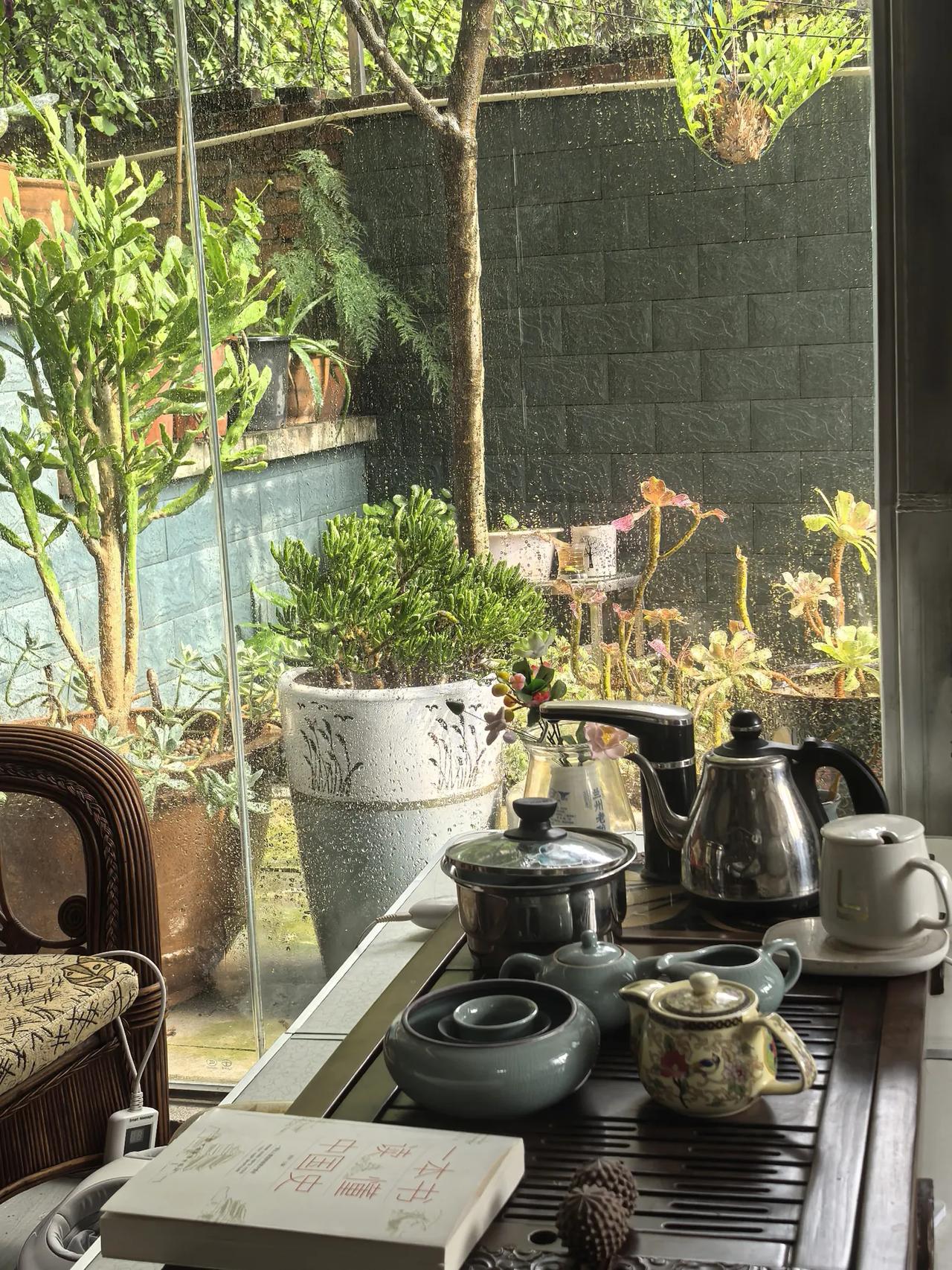 《听雨》（诗一首）
        ——题记：午后时分，坐在阳光房品茶看书，时不