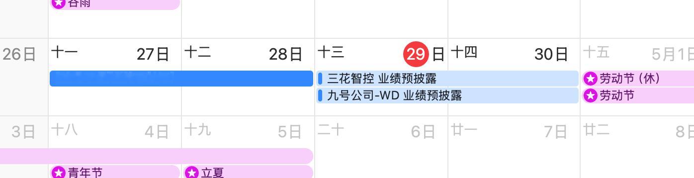 日历上的提醒事件不是谁的生日，也不是谁的特殊纪念日全是上市公司的财报披露提醒。我