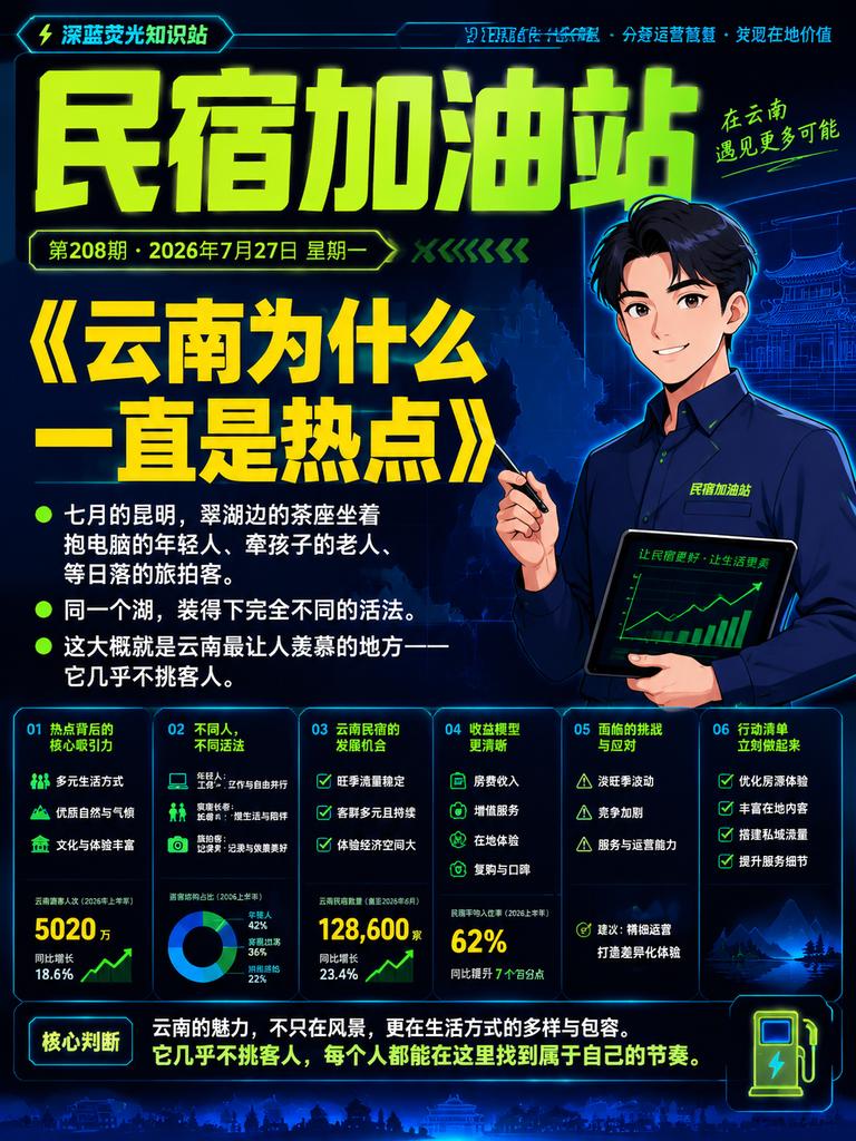 七月的昆明，翠湖边的茶座坐着抱电脑的年轻人、牵孩子的老人、等日落的旅拍客。同一个