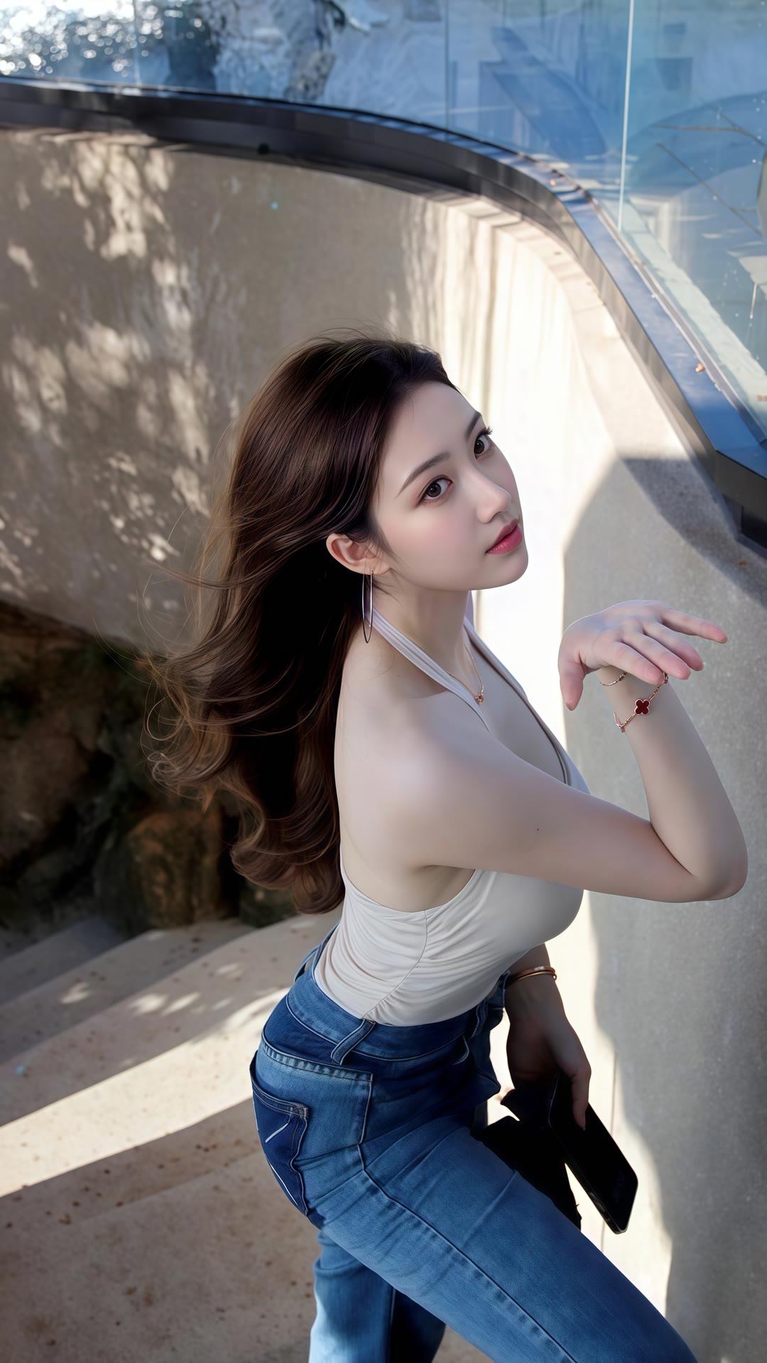 阳光下的甜美少女，轻抚发丝，尽显温柔与自信。自然清新美少女 自然甜系少女