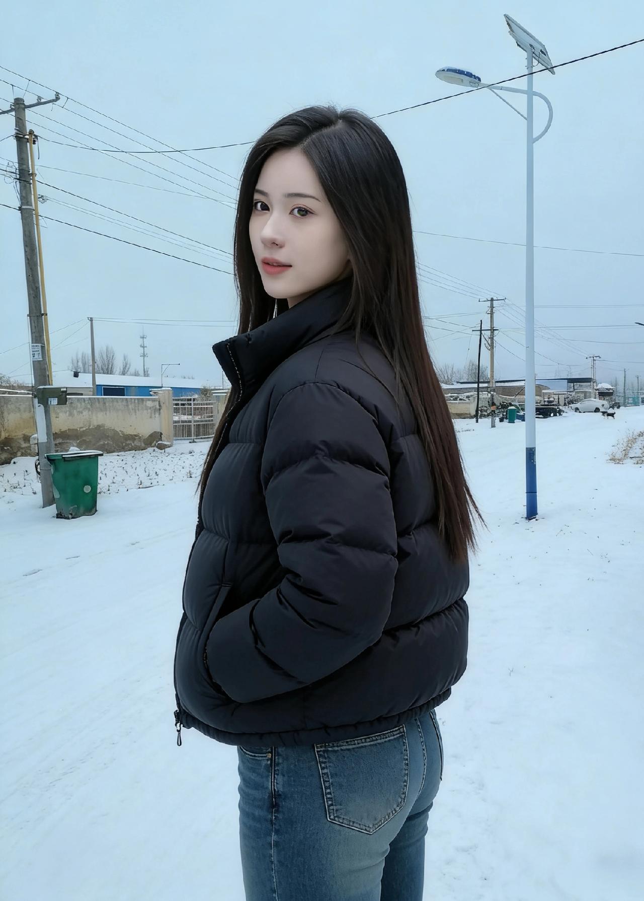 黑羽绒服是振翅的墨蝶
停在雪野的白笺上
发梢扫过风的鬓角
目光勾住远处停驻的蓝车