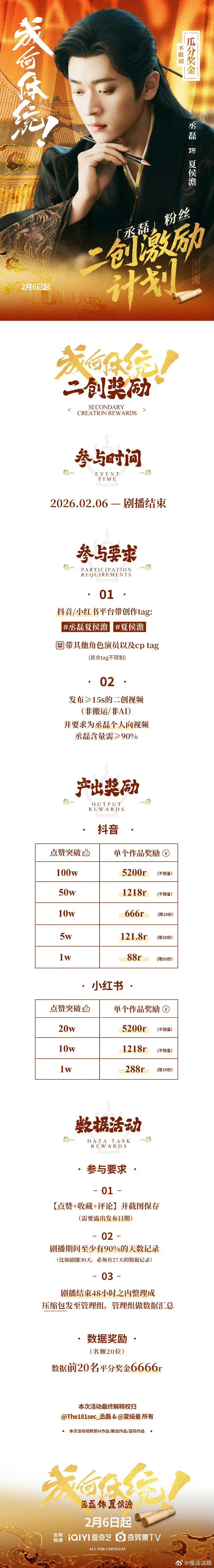 丞磊粉丝这边为成何体统做的二创激励计划，带丞磊夏侯澹/夏侯澹tag发布二创视频，