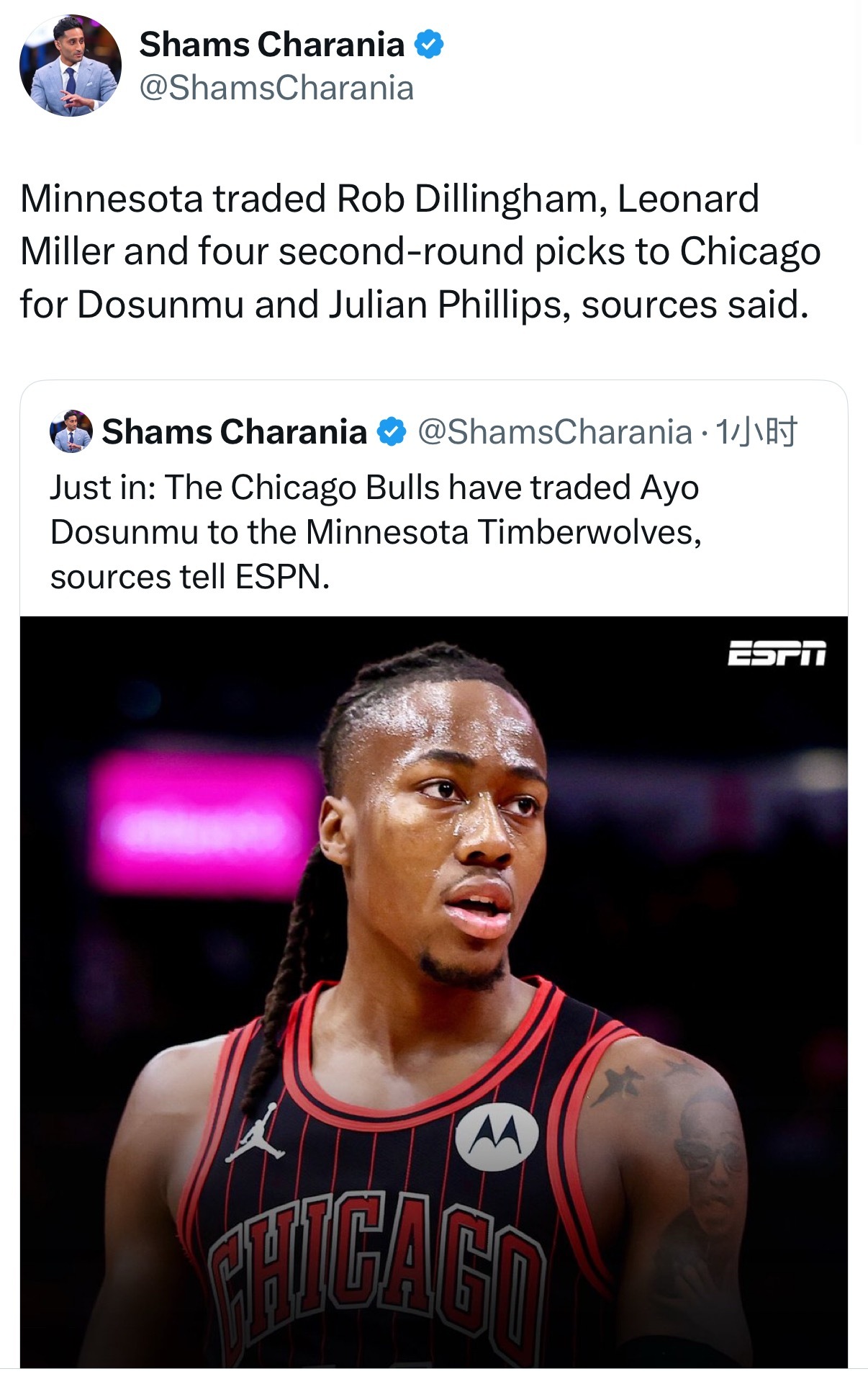 shams：森林狼将迪林汉姆、莱昂纳德·米勒和四个次轮选秀权交易到公牛，换来多孙