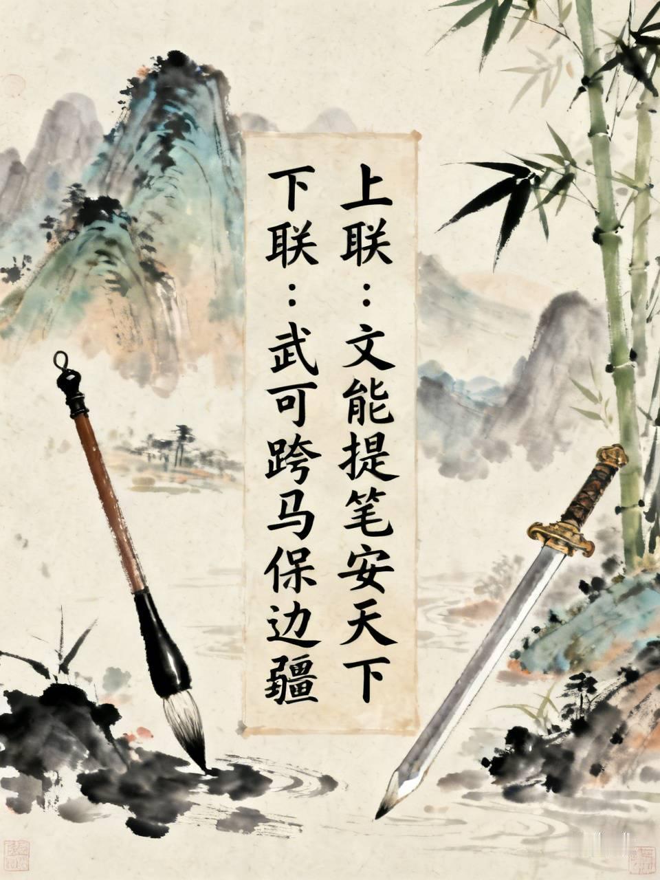 下联：武可跨马保边疆。