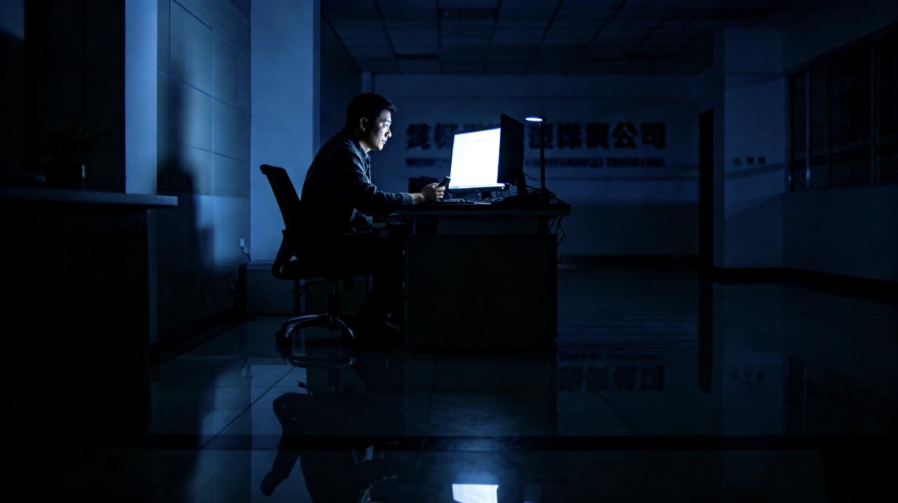 大半夜的，整个楼层只剩老周一个人还在改PPT。
他顺手拍了张空荡荡的办公室照片发