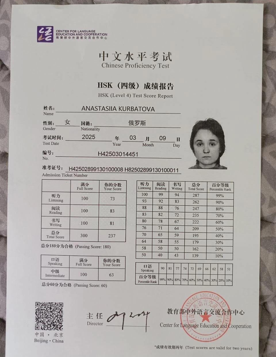 这期间，我考过了HSK四级，考上了长春大学的网络与新媒体专业。而且我还开始教中文