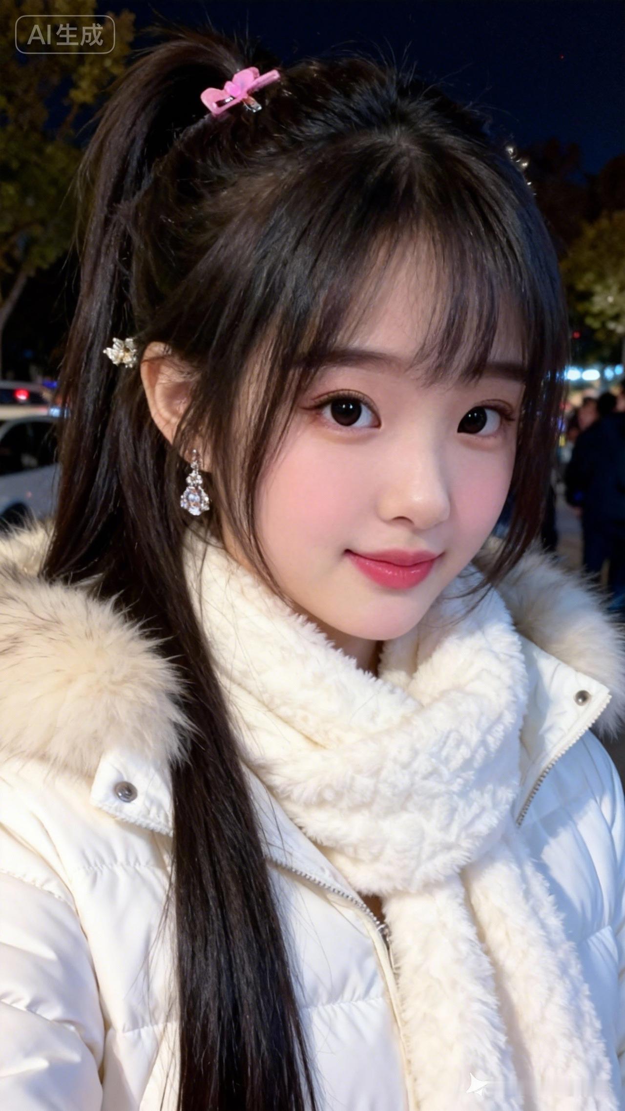 娇小东方美女，着白绒领羽绒服配同色毛绒围巾，黑长直发丝分明，戴亮发夹与钻石耳饰，