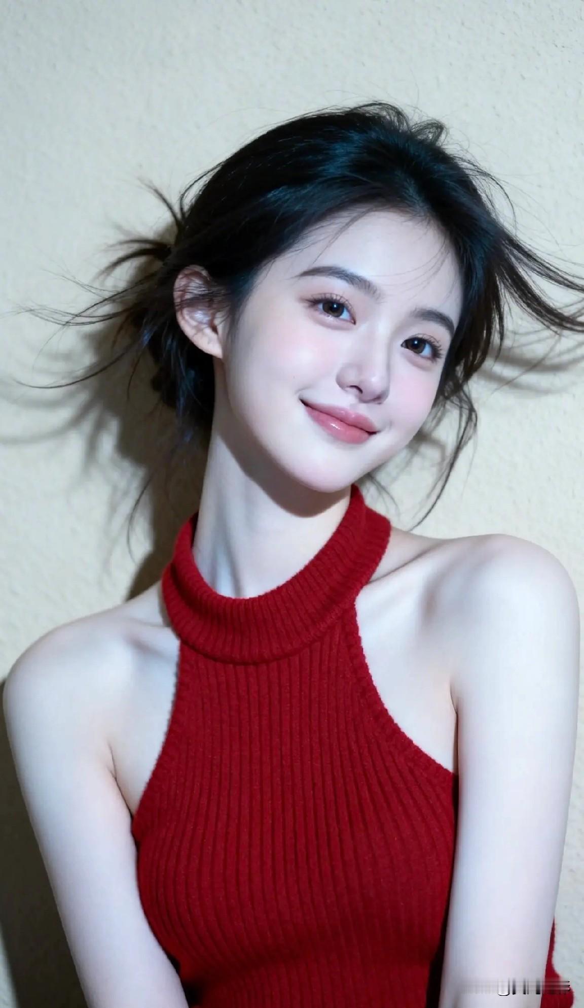 光之影&AI
甜美少女风，红色高领毛衣，温柔微笑，元气满满！💖✨
淡淡的粉色毛