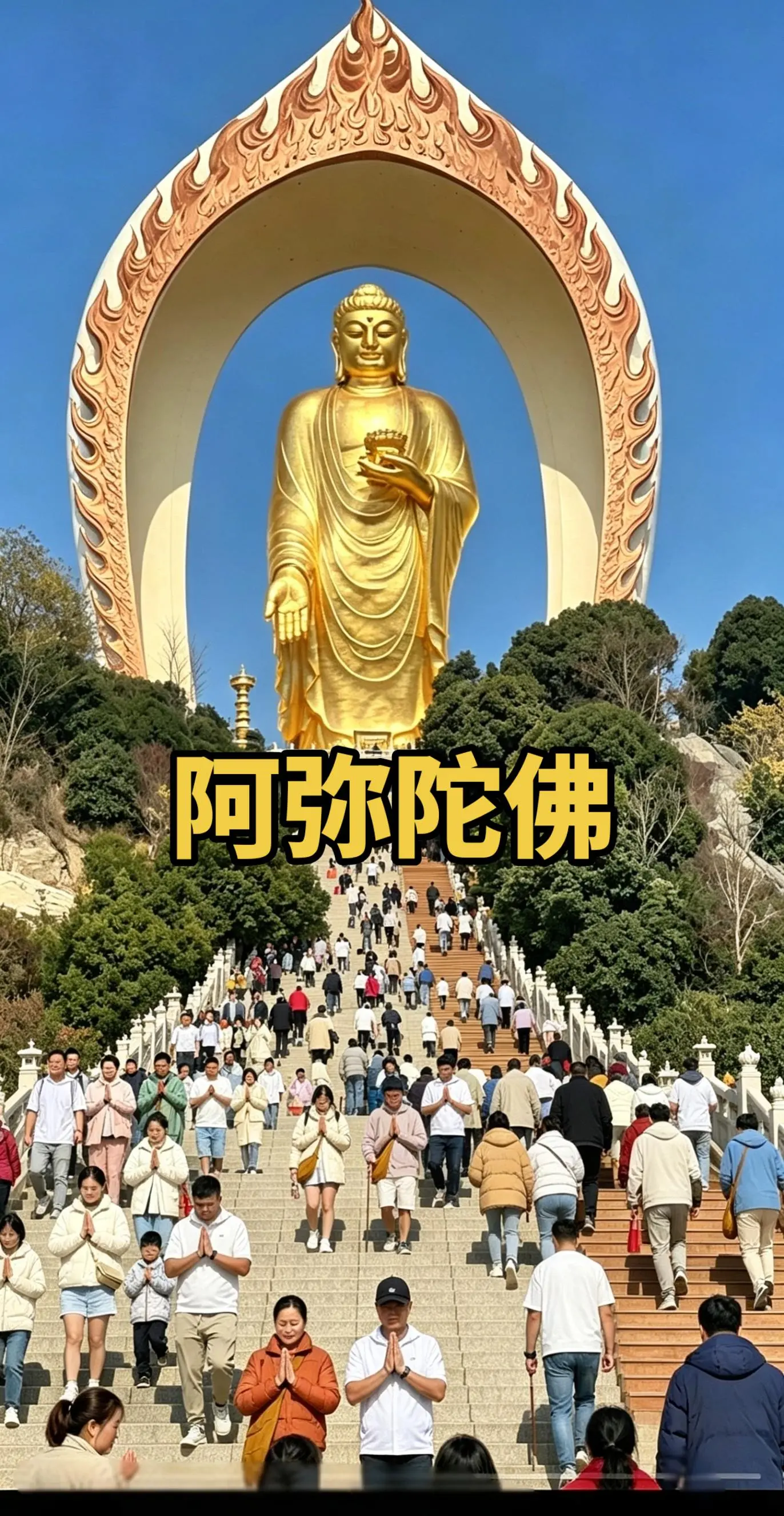 盛夏晴空，金身庄严。拾级而上的朝拜者，满心期许，一身虔诚。不求大富大贵...
