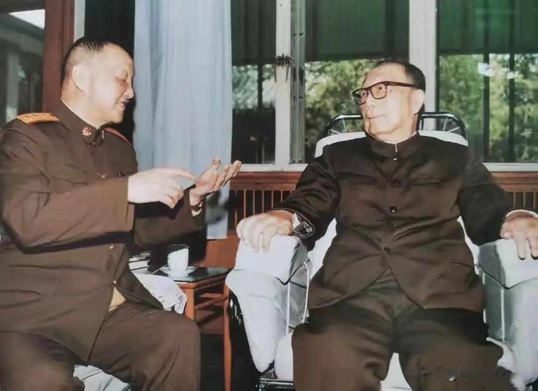 1989年4月18日，洪学智将军（左）看望聂荣臻元帅时交谈，焦点是军队后勤保障与