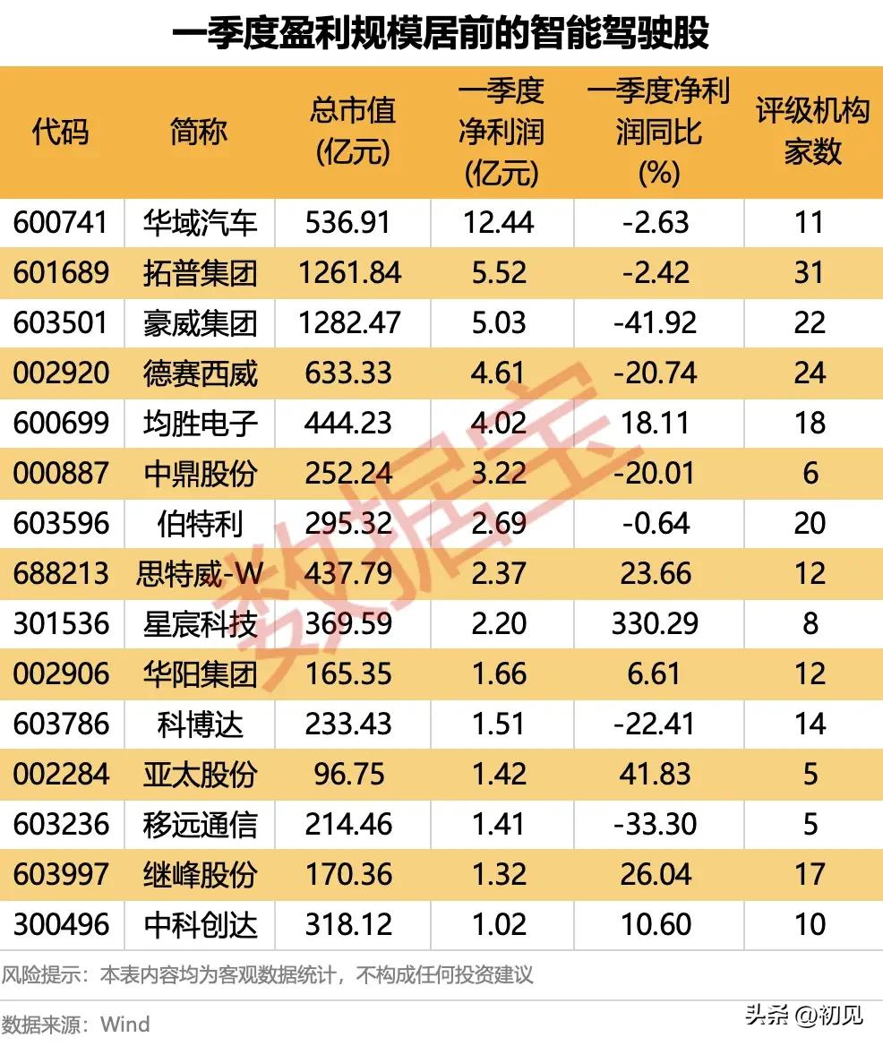 一季度智能驾驶盈利TOP15：龙头规模领跑，赛道业绩分化显著！
 
本次梳理聚焦