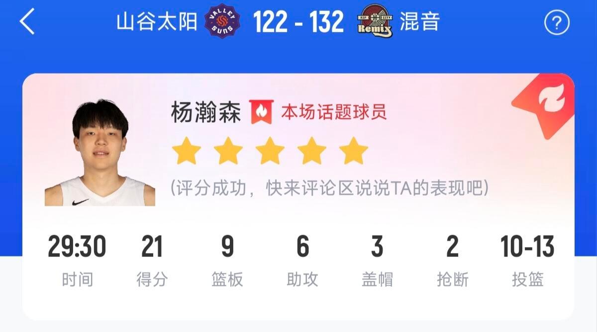 杨瀚森21分9篮板撕裂之城混音队132-122战胜山谷太阳队，杨瀚森在背伤没有完