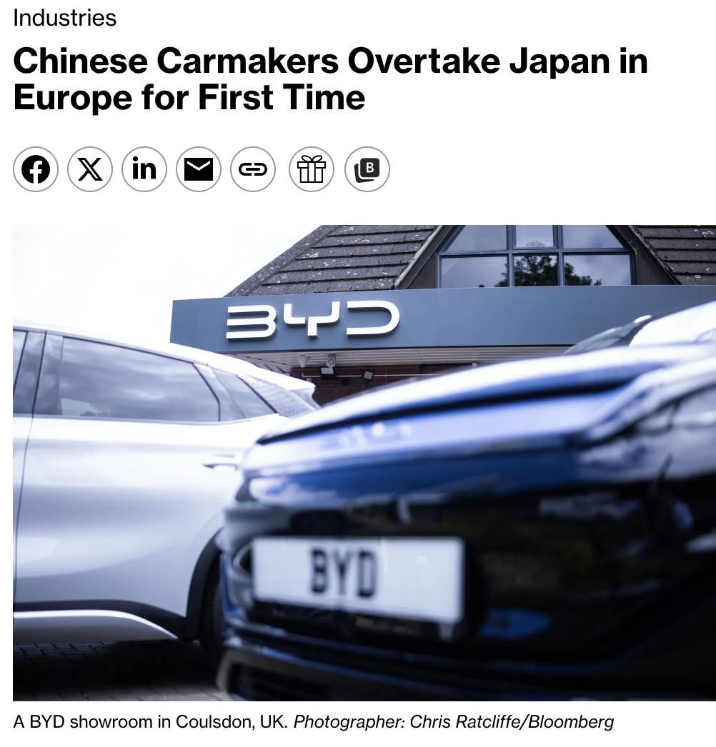 美媒：中国车企首次在欧洲季度销量上超越日本车企。

据Dataforce数据，截