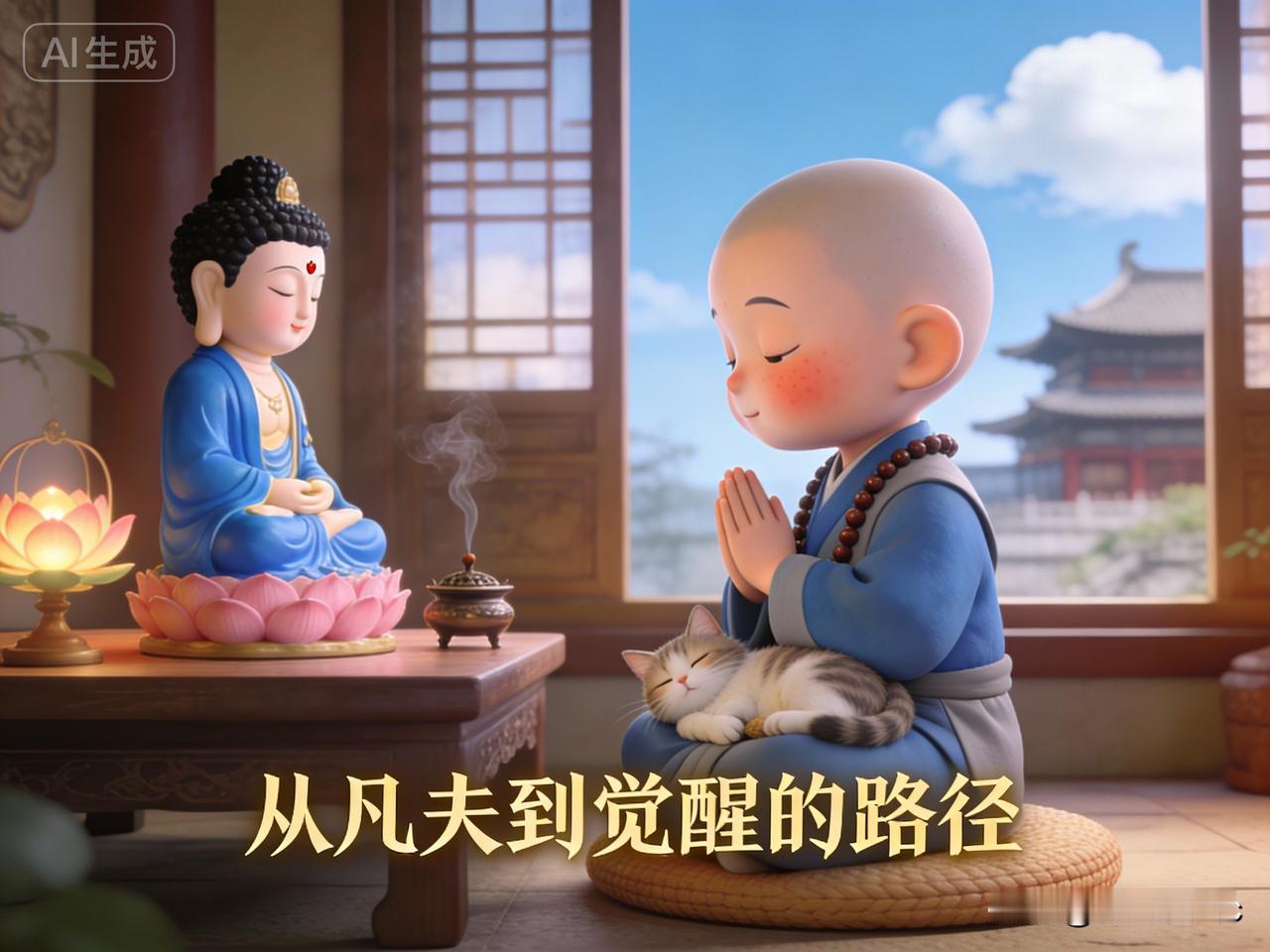 禅心
 
莲灯映佛前，小僧合十禅。
狸奴眠膝上，香篆袅云天。
窗透青山色，心宁俗