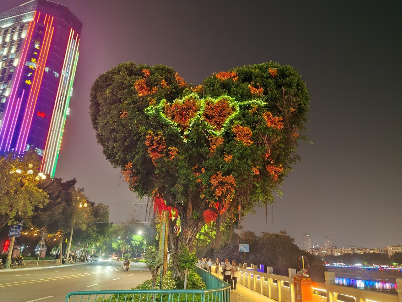 夜幕下的城市，灯火阑珊，心形的树在夜色中闪耀。