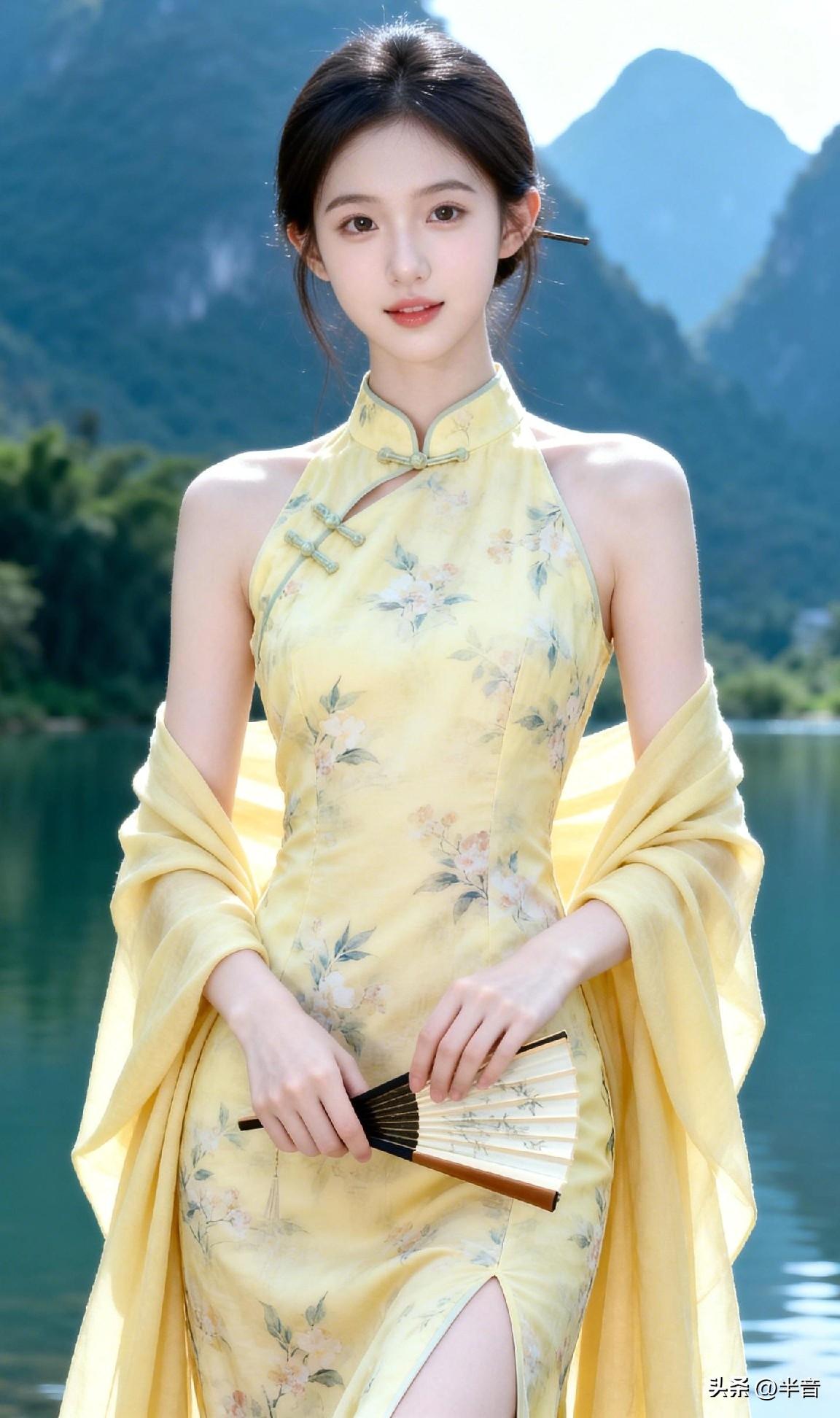 山是眉峰聚
水是眼波横🌿
黄裙映碧水，旗袍衬佳人