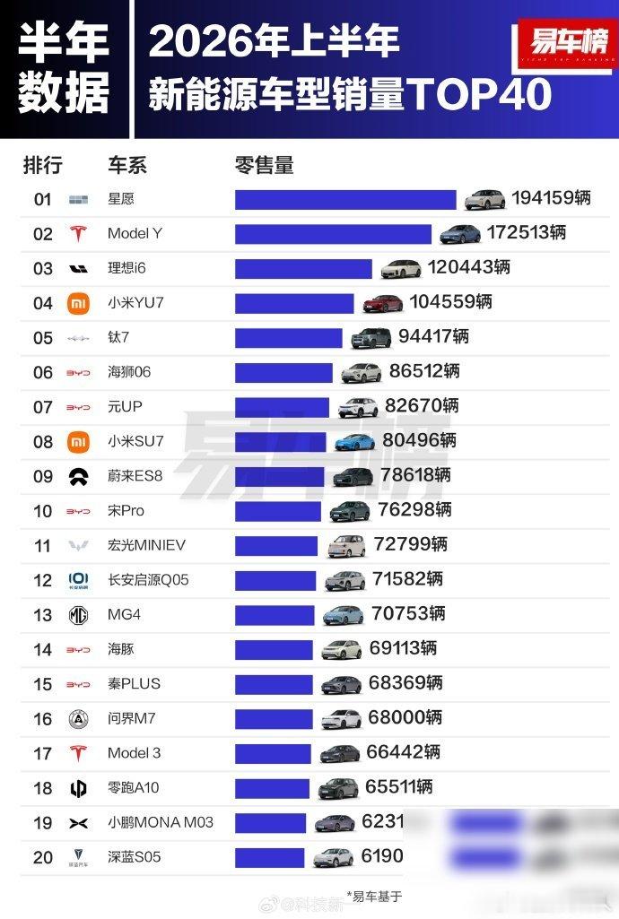 上半年新能源车销量前二十名出来了。我说句实在的，这榜单看着就俩字——分化。 先看