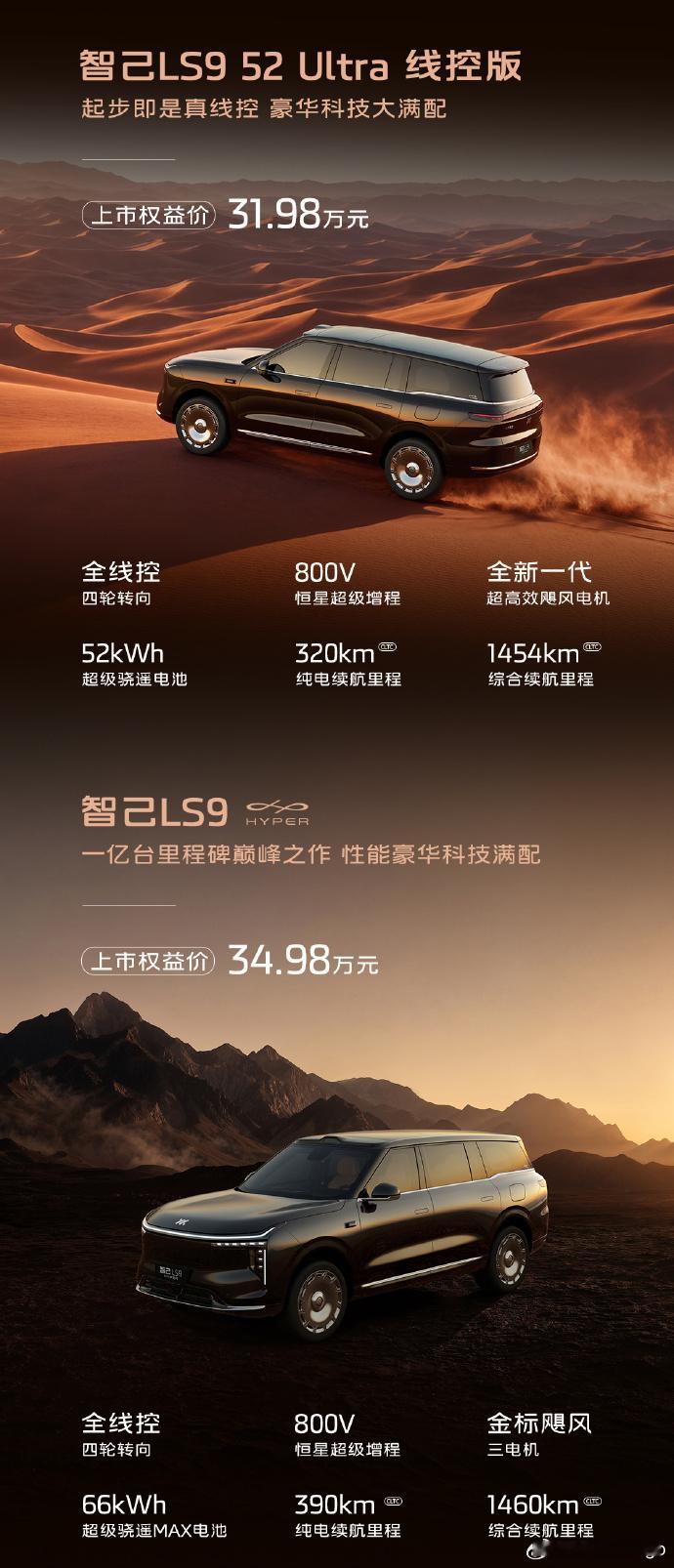 智己 LS9 今晚也上了两款全新车型：线控转向版：31.98 万（52kWh）三