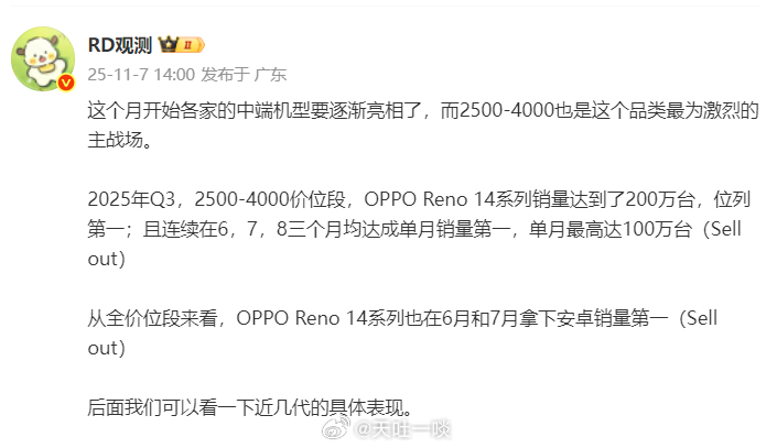 罗列一组OPPO Reno14系列的数据1、2025年第三季度在2500-400