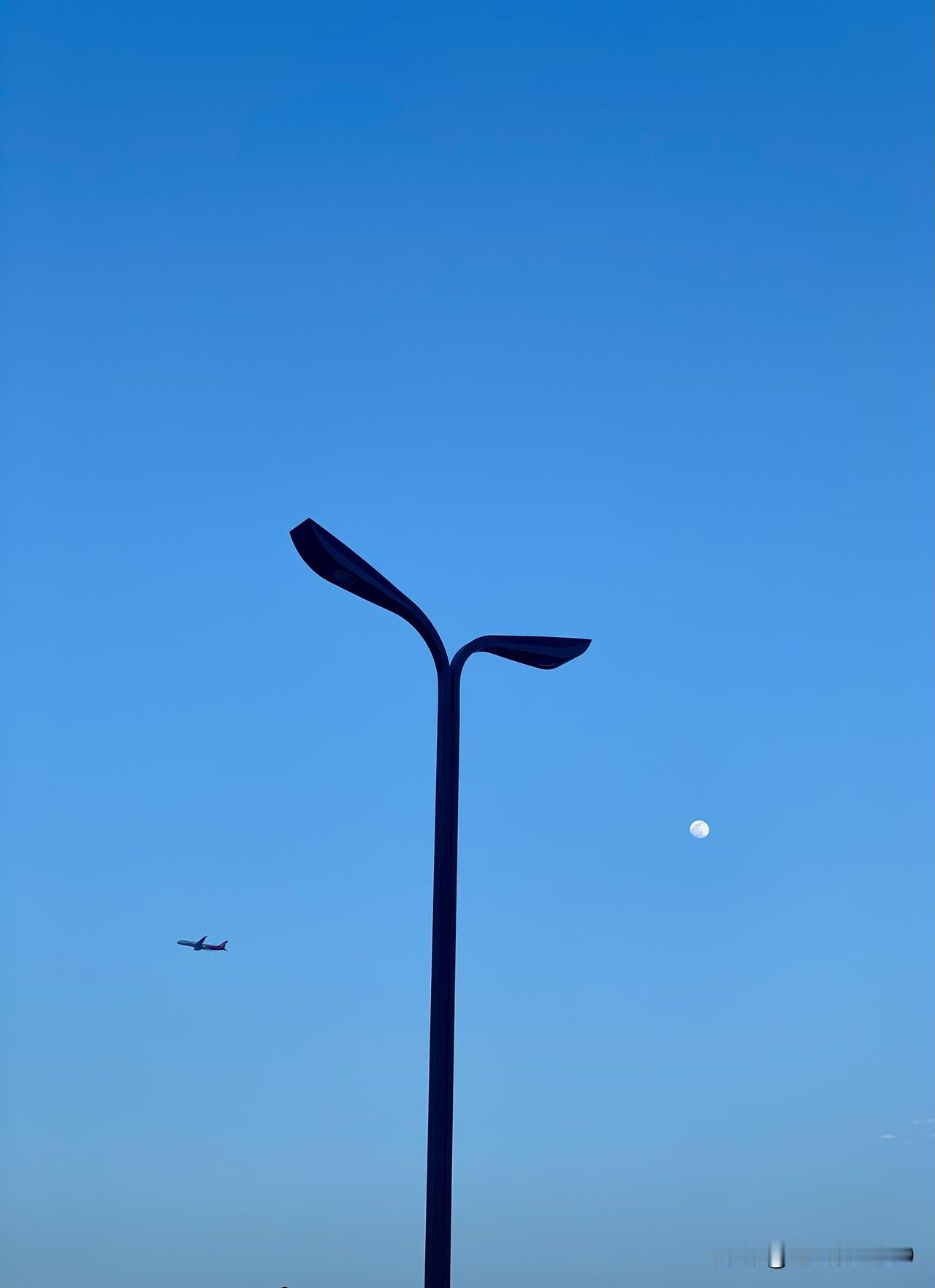 随手拍一张天空照夏天的7点半，天空还湛蓝，月亮就早早地爬上来了，双流机场的飞机刚