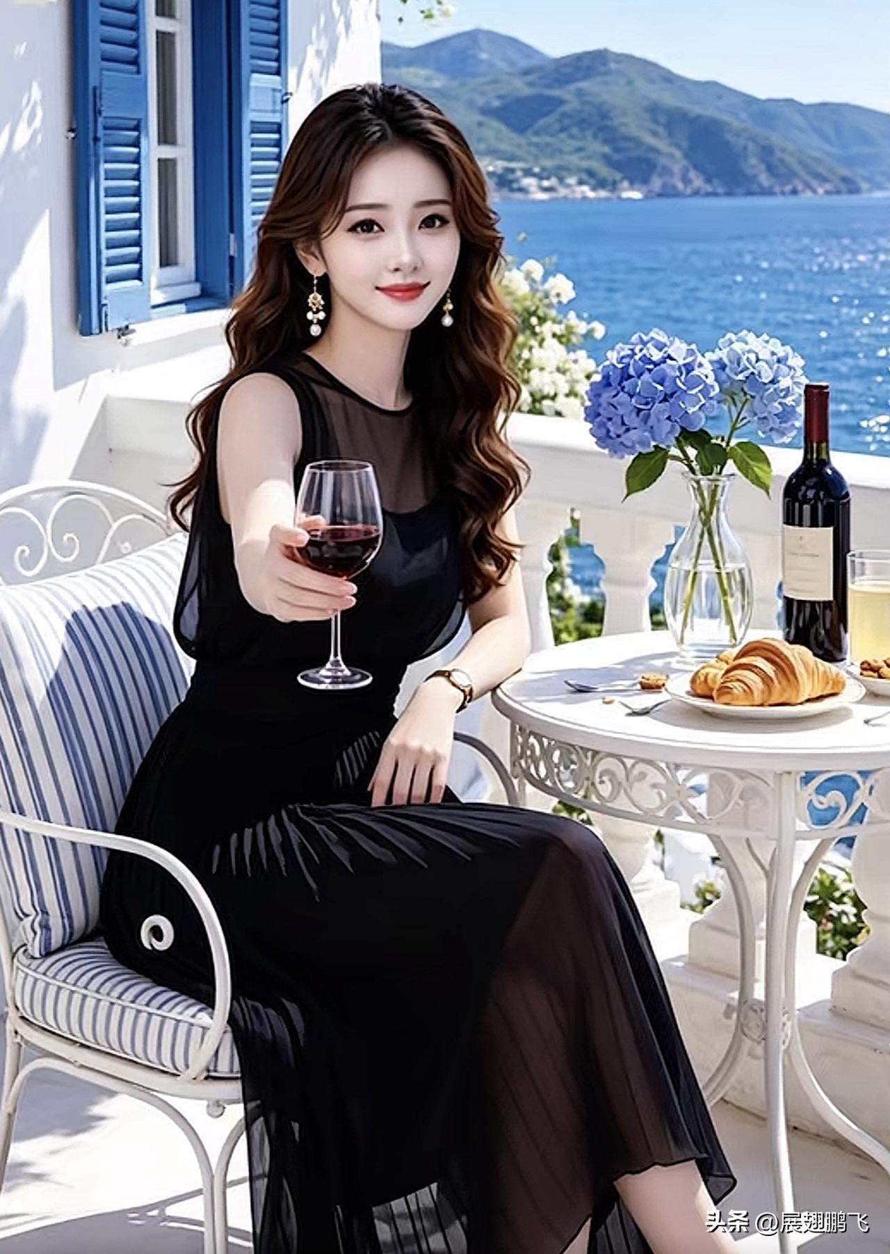 海边度假，黑裙与红酒的完美搭配，享受悠闲时光。海边白裙穿搭 海边红裙穿搭 红白裙