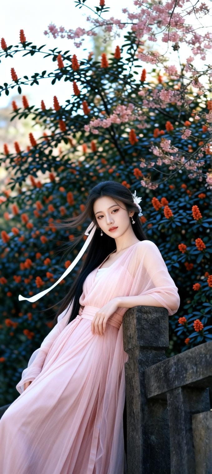 粉裙少女倚栏畔，花影婆娑映笑颜。