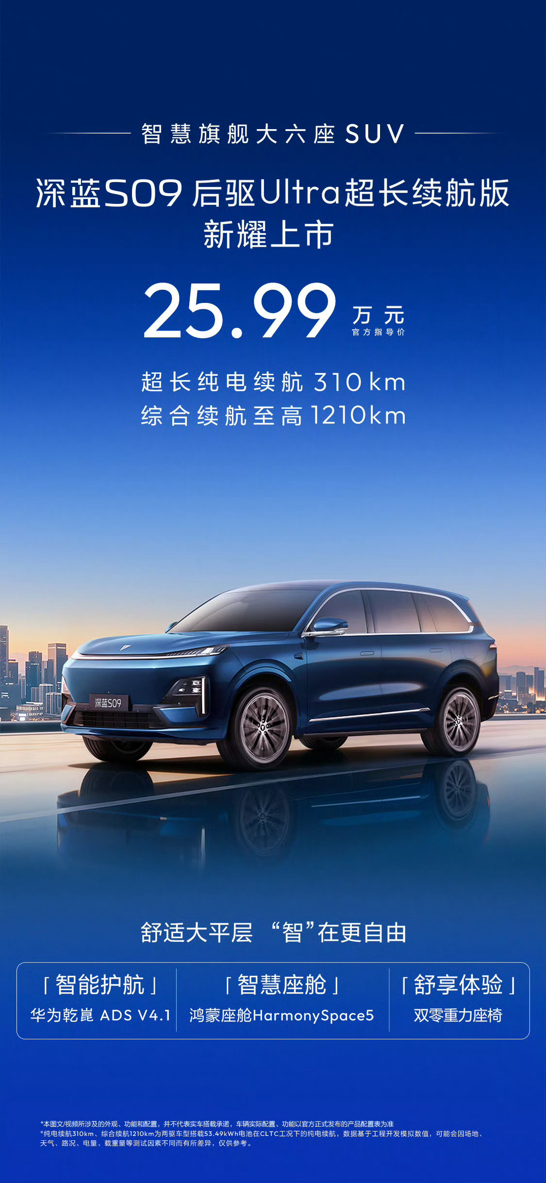 纯电续航310km，综合续航1210km,华为智驾+鸿蒙座舱，大六座空间+零重力