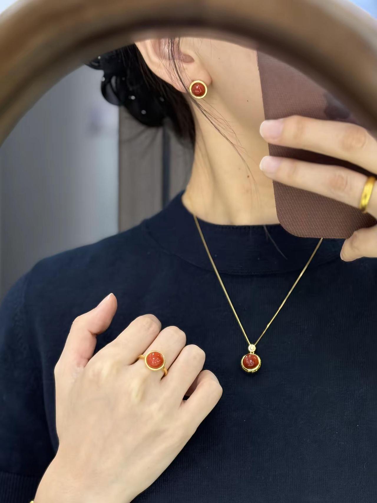 圆面🔴。南红 S925银 镀金 戒指