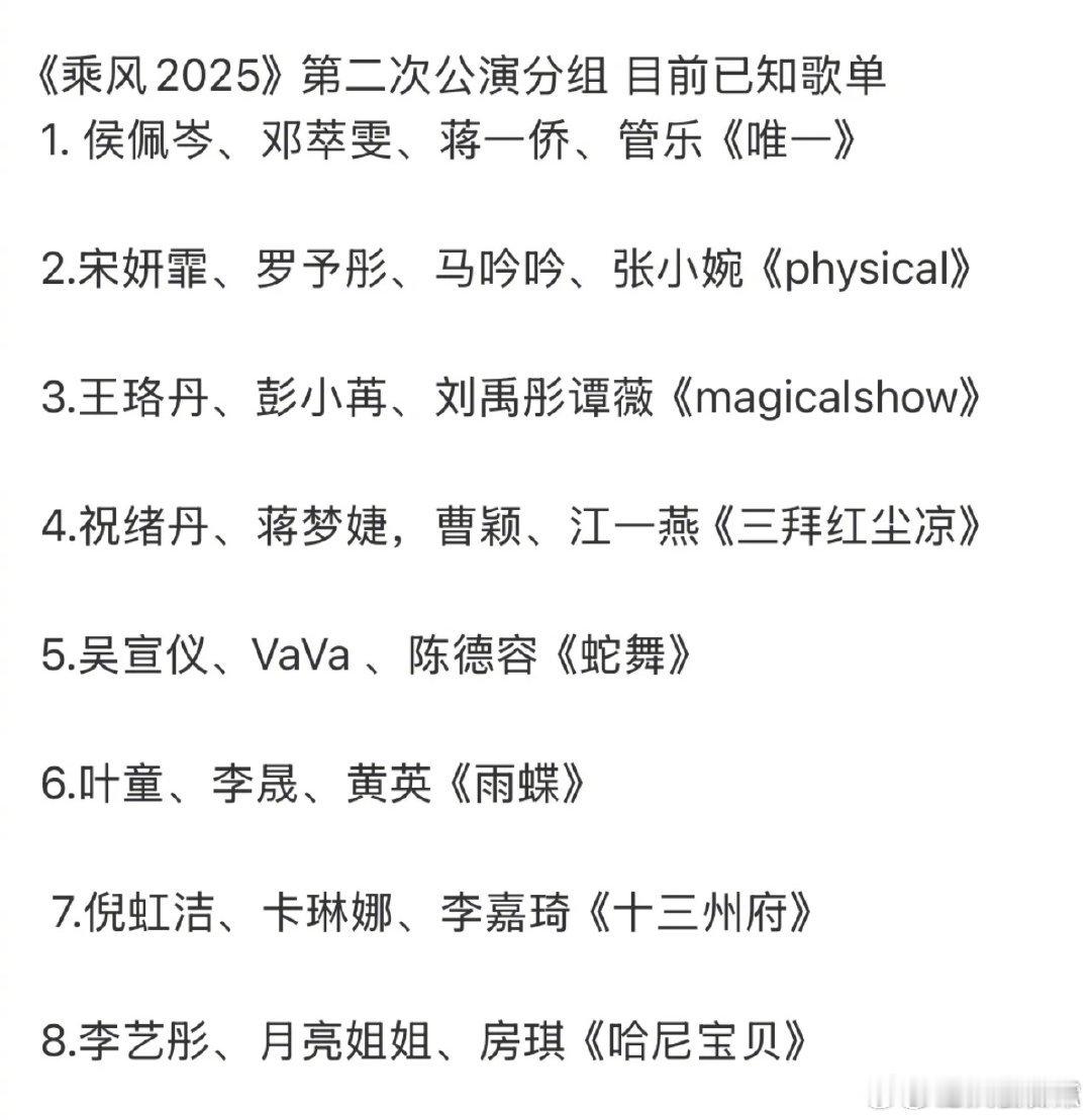 浪姐6二公分组名单乘风2025二公歌单 《乘风2025》第二次公演分组目前已知歌