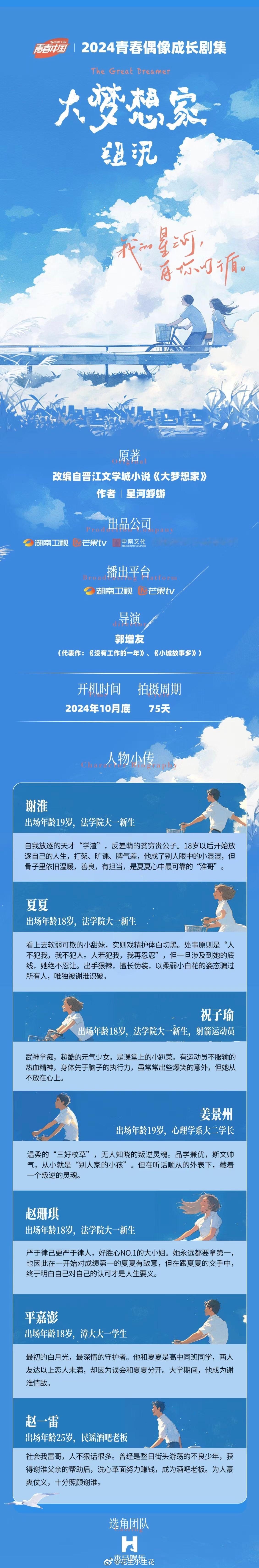 电视剧《大梦想家》组讯改编自晋江同名小说出品：湖南卫视、芒果tv、开场影业导演：