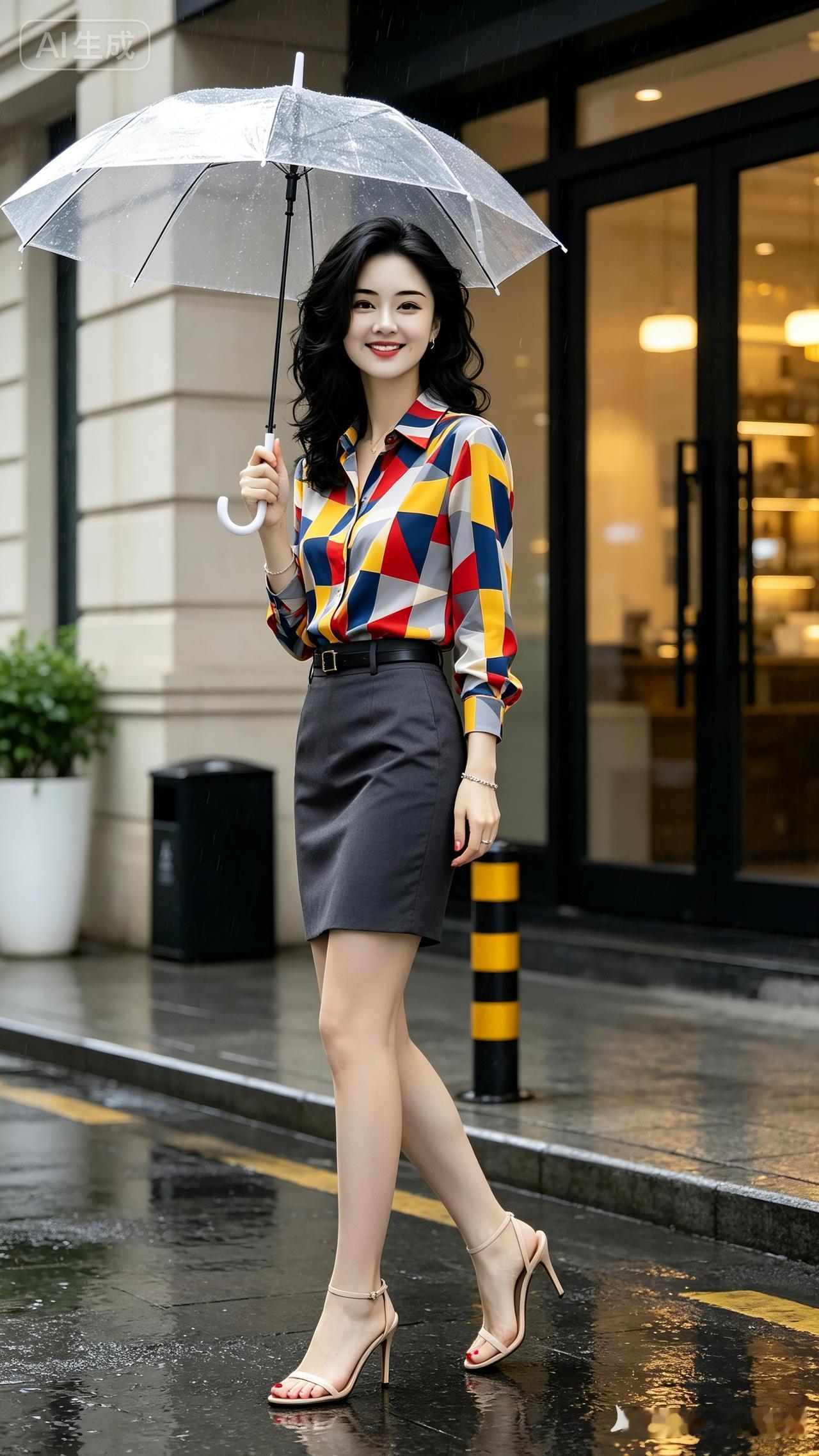 美女撑伞在雨中走，好有气质！