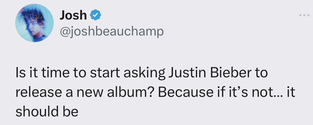 #JustinBieber[超话]# • #贾斯汀比伯# 網友：「是時候叫發新專