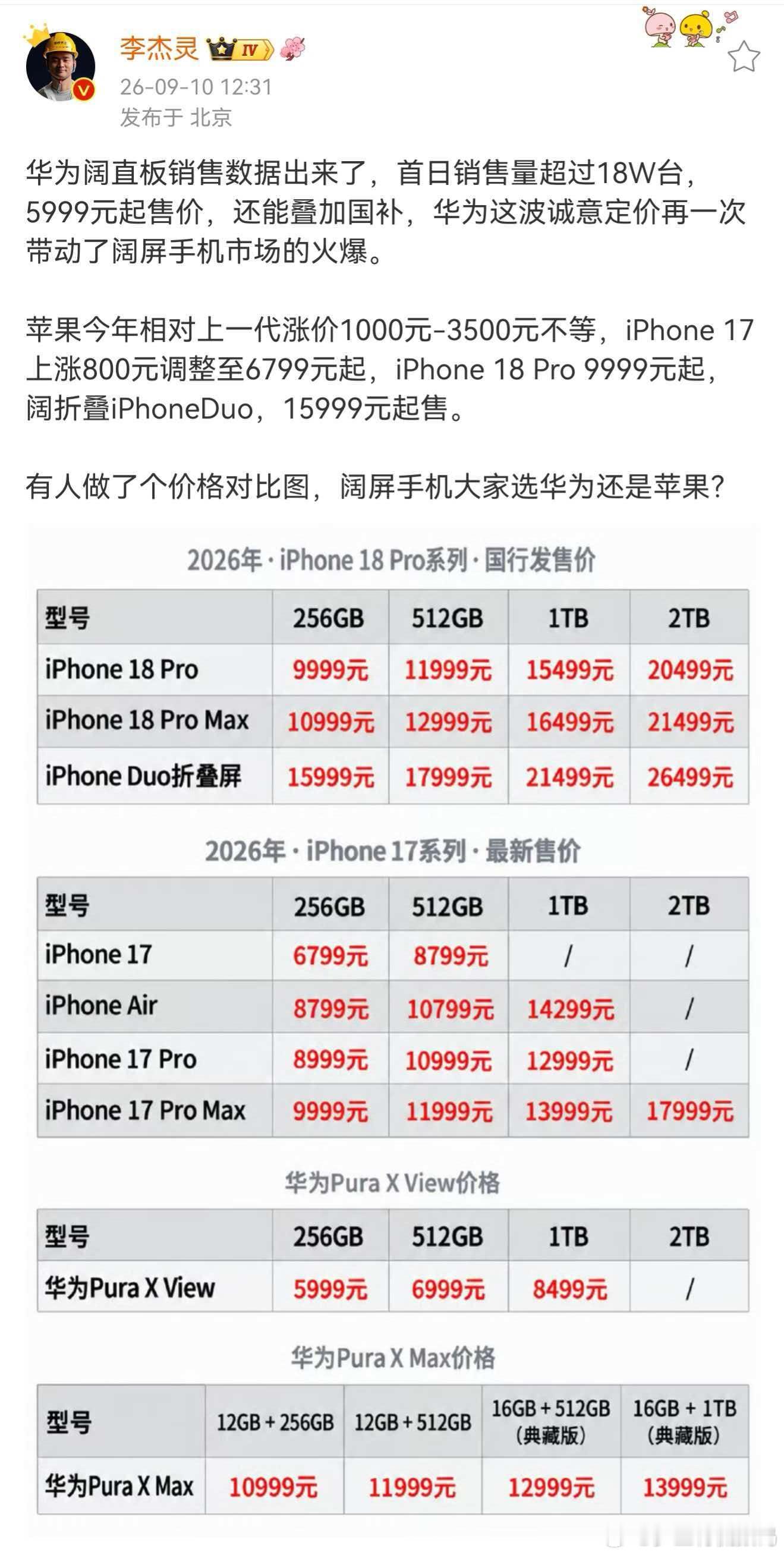 李杰灵谈iPhone涨价阔屏手机怎么选刷完苹果秋季发布会，最大的感受就是涨价太狠