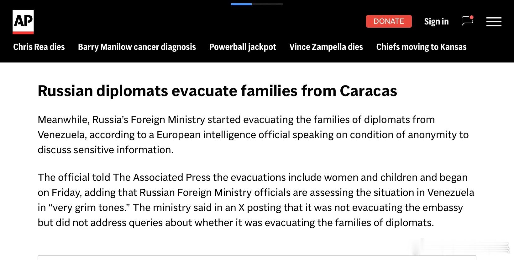 有訊息指出，俄羅斯下令撤離駐委內瑞拉外交官家屬2025年12月22日，美聯社引用