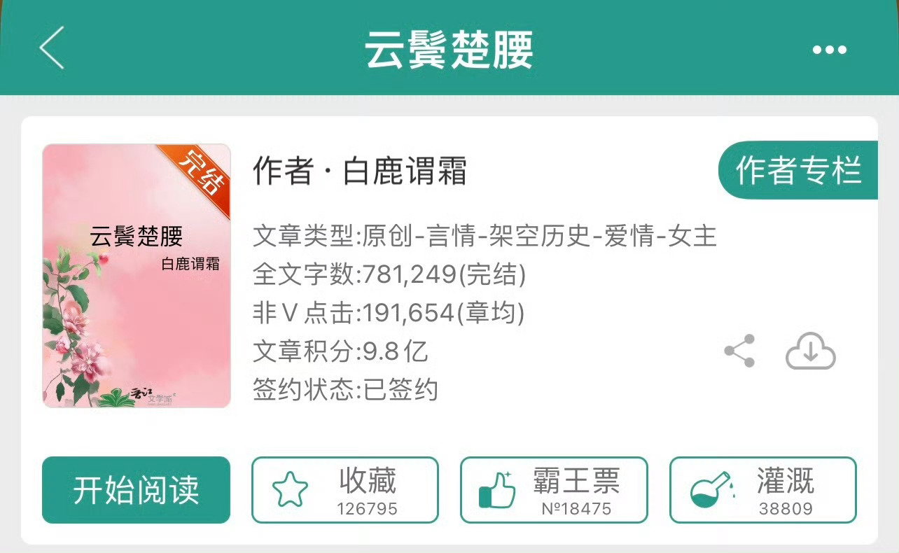 小说推荐：《云鬓楚腰》 作者:白鹿谓霜简评：娇软可口表小姐vs深情隐忍世子爷，前
