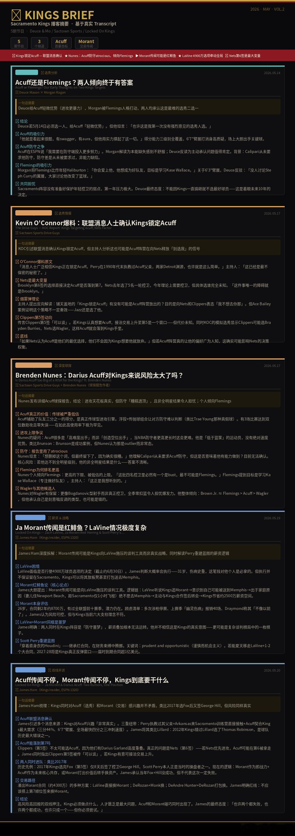 国王近期海外播客内容更新，对于选择Acuff还是Flemings的争论越来越激烈