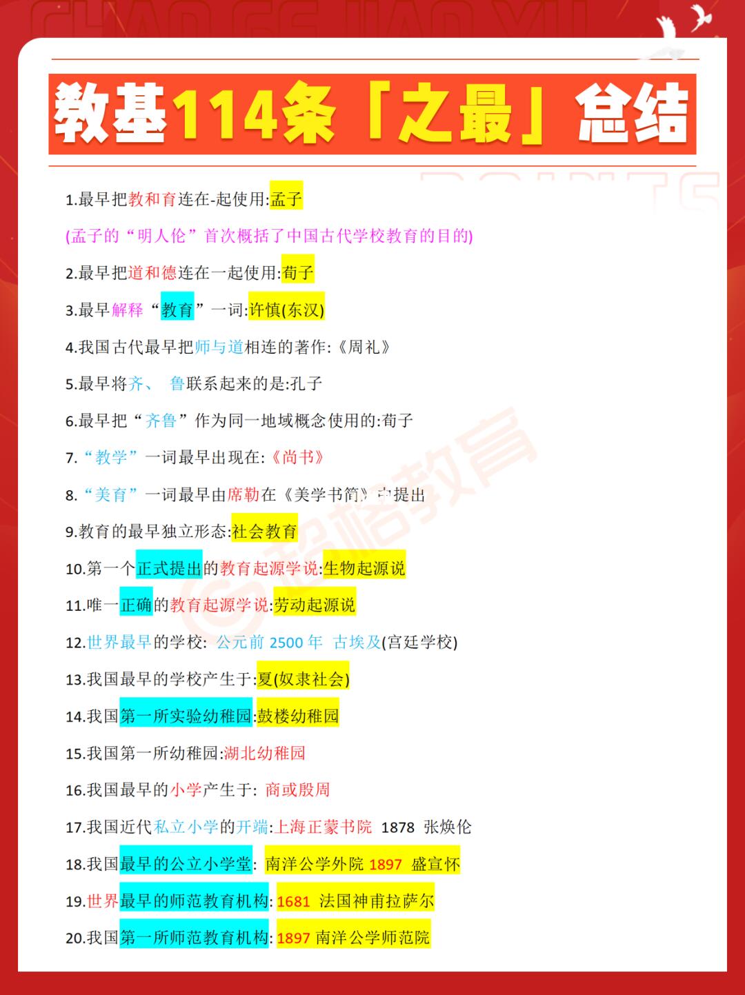 考前背一遍💯114条教基“之最”易混汇总