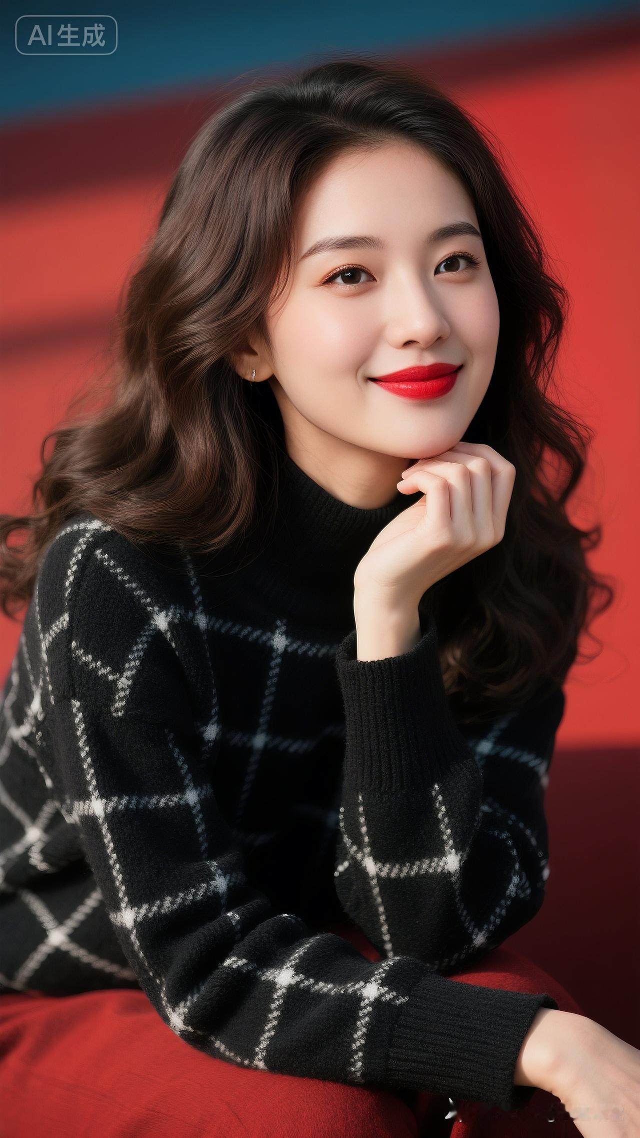 温柔微笑，红唇黑衣，冬日暖阳下的迷人瞬间。