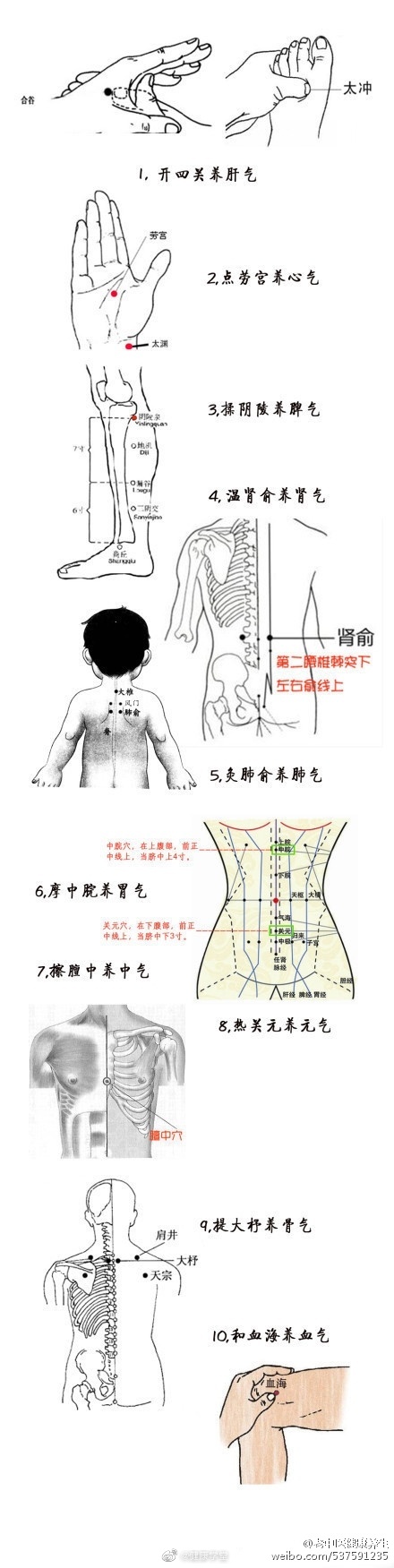 【欲养生，先养气】1、开四关养肝气；2、点劳宫养心气；3、揉阴陵养脾气；4、灸肺