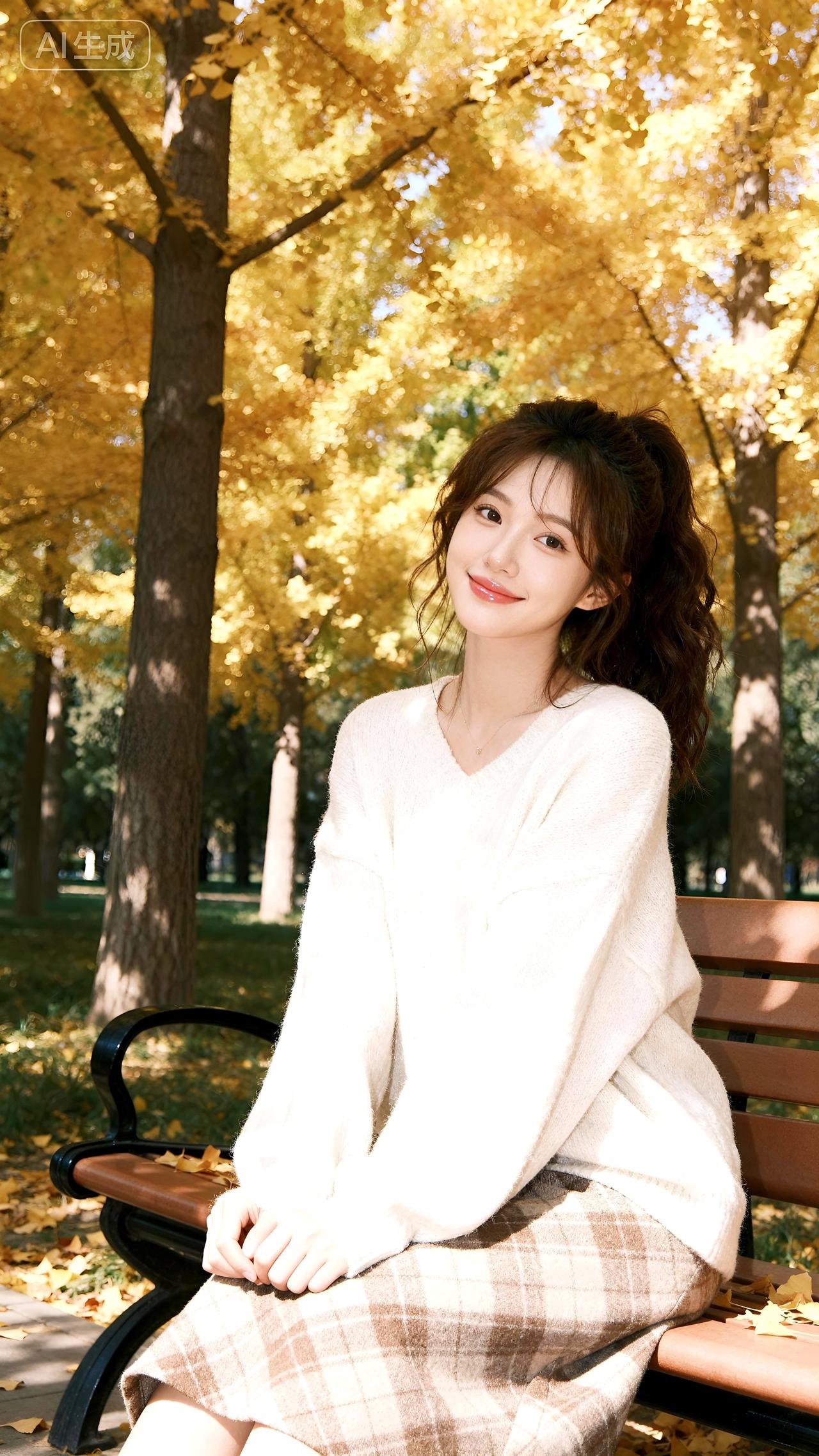 银杏叶裁碎秋光，她身披暖绒，坐成一首静谧的诗。微风与落叶共舞，时光在笑意里放缓脚