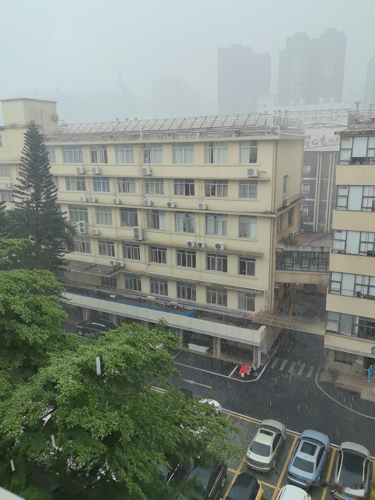 听雨声，抚心神！

午间，坐在医院的候诊区休息，外面突然上演一秒入夜的场面，瓢泼