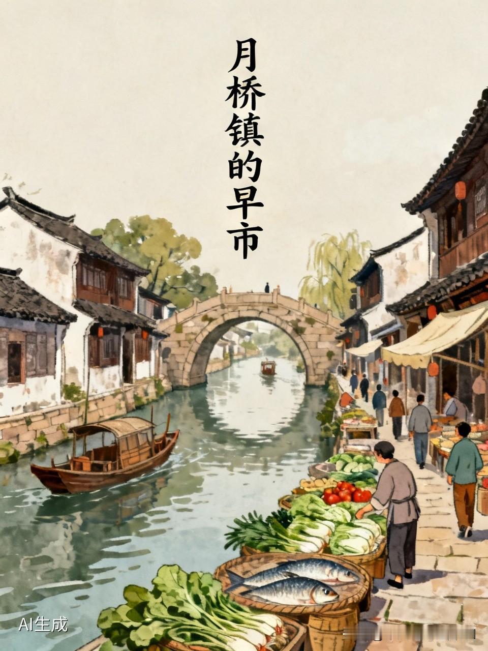 月桥镇的早市，光是这名字就充满了江南的诗意。沈行工有一幅作品就叫《月桥镇的早市》