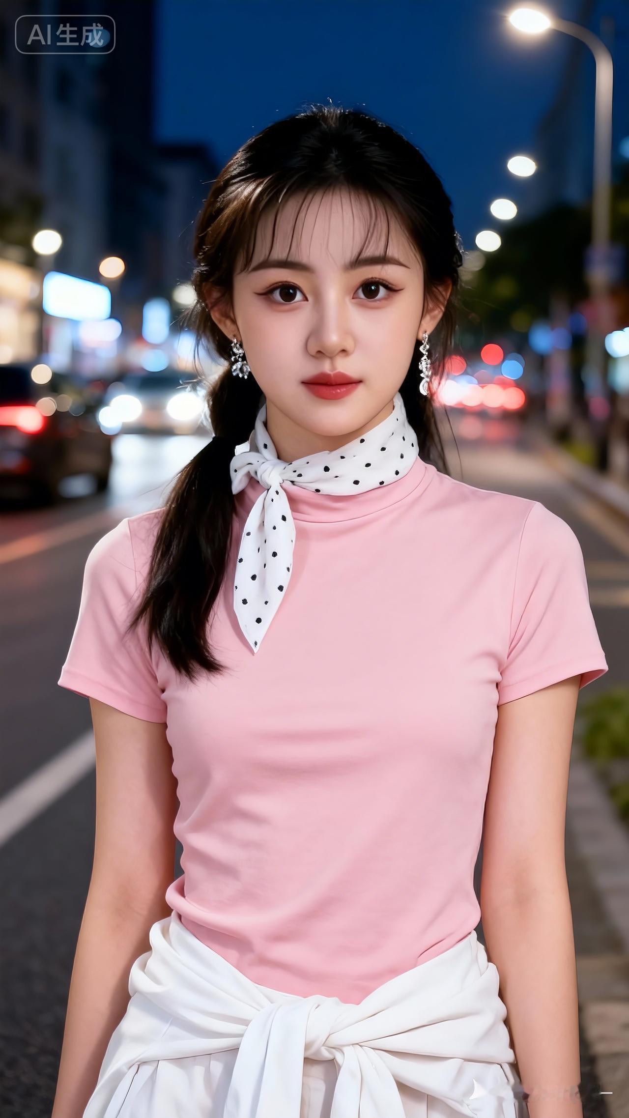 夜晚街头的少女，粉色上衣搭配白色围裙，清新可爱。