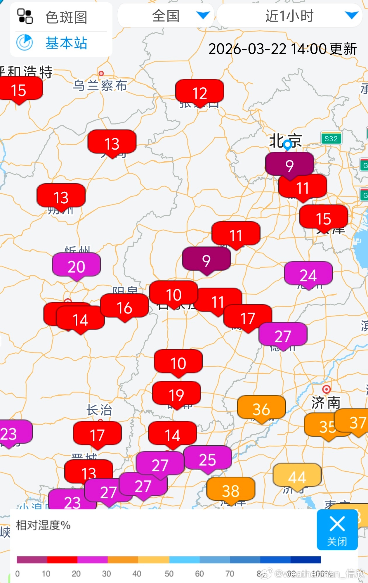 【湿度和降水】今天白天北方大部天气干燥，14时相对湿度，北京南郊观象台、河北正定