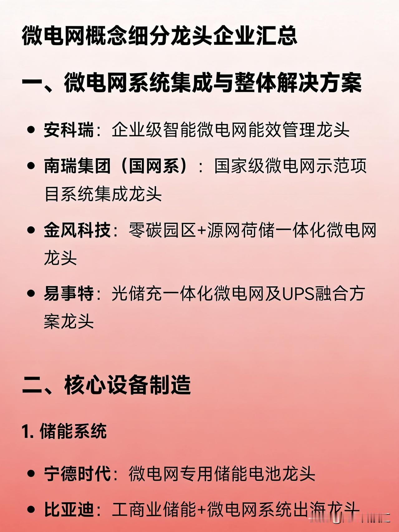 微电网概念细分龙头企业汇总

一、微电网系统集成与整体解决方案

安科瑞：企业级